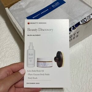 BNIB Bluh alchemy body oil, body polish, and body brush from beauty heros